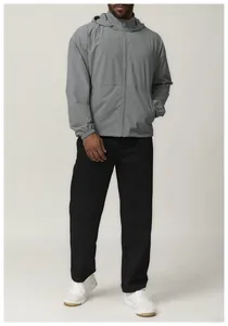 Men's casual gray hooded windbreaker jacket with zipper and water-repellent fabric