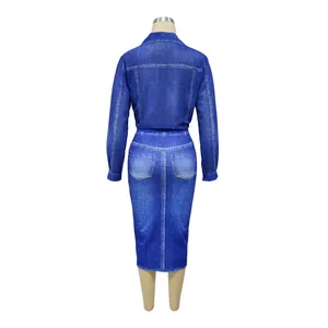 Back view of women's faux denim print two-piece set with long sleeves and midi skirt