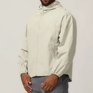Men's beige hooded windbreaker jacket with zipper for outdoor hiking and camping.