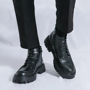 Stylish mens retro chunky sole high top Martin boots in black leather for winter fashion