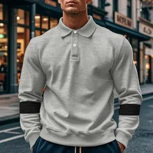 Heren polo sweatshirt van zware stof, grijs met zwart contrasterende mouwdetails