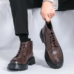Retro brown leather Martin boots for men with thick soles and side zippers