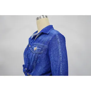 Side detail of women's long-sleeve chiffon shirt with realistic blue denim print