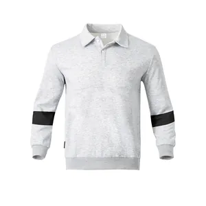 Vintage grijs heren polo-sweatshirt met contrasterende zwarte strepen op de elleboog.