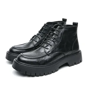 Stylish men's winter high-top black leather Martin boots with a thick platform sole