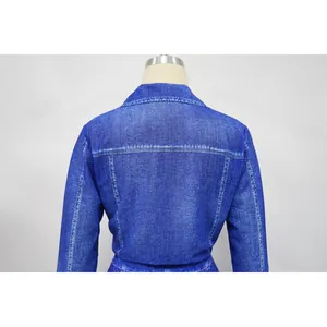 Detailed back view of women's chiffon set featuring a realistic blue denim print design