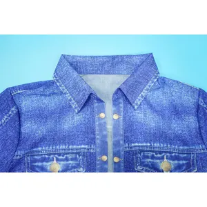 Detailed macro view of realistic denim print pattern and collar on blue chiffon shirt