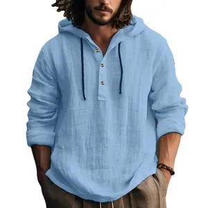 Men's casual light blue cotton linen hooded shirt with long sleeves and button neck