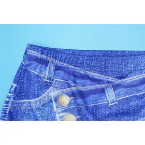 Detailed view of the realistic faux denim print on a blue chiffon skirt waist area