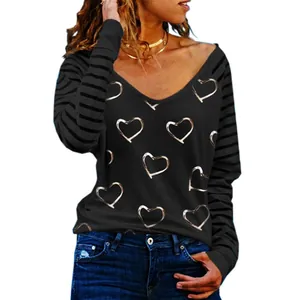 Women's long sleeve V-neck T-shirt with heart print and striped sleeves in black