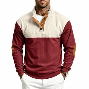 Front detail view of mens corduroy colorblock sweatshirt with stand collar and buttons