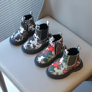 Bottines Martin Camouflage pour Enfants en Cuir Microfibre Antidérapantes avec Fermeture Éclair Latérale Tige Basse pour Garçons Filles Chaussures Décontractées