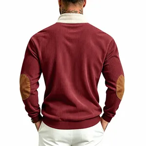 Back view of men's burgundy corduroy sweatshirt with contrast collar and elbow patches.