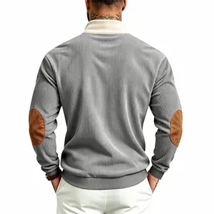 Back view of men's grey corduroy sweatshirt with stand collar and elbow patches