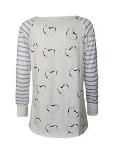 Back view of a white long-sleeved T-shirt with heart prints and striped sleeves