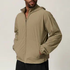 Men's khaki water-repellent hooded windbreaker jacket for casual outdoor sports