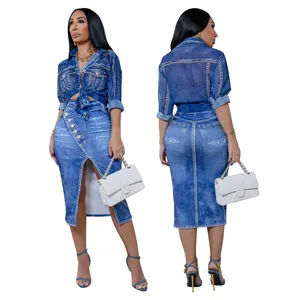 Detailed view of faux denim print chiffon shirt and skirt set for women