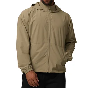 Men's khaki water-repellent hooded windbreaker jacket for casual outdoor sports activities