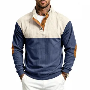 Men Retro Corduroy Color Block Sweatshirt Loose Casual Stand Collar Pullover Top With Elbow Patches Long Sleeve