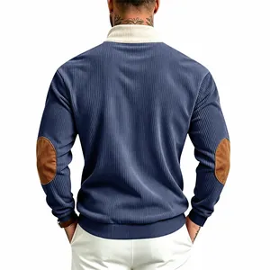 Back view of men's blue corduroy sweatshirt with contrast brown elbow patches