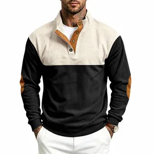 Close-up of men's corduroy sweatshirt with color-block design and stand-up collar