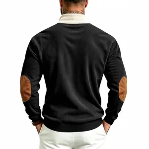Back view of men's casual black corduroy sweatshirt featuring brown elbow patches