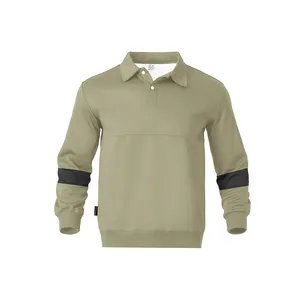 Vooraanzicht van olijfgroene polo-sweatshirt voor heren met zwarte strepen op mouwen