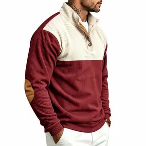 Detailed view of men's corduroy color-block sweatshirt with stand collar and elbow patches.