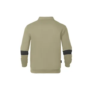 Achteraanzicht van zware heren polo sweatshirt in kaki met strepen op de mouwen