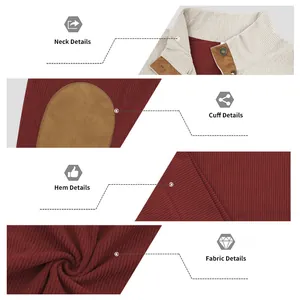 Detail view of men's corduroy stand collar sweatshirt neck, cuff, and fabric texture