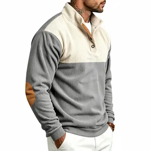 Side view detail of men's color-block corduroy sweatshirt with stand collar