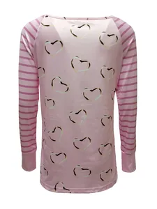 Back view of a pink long sleeve women's T-shirt with heart print and striped sleeves