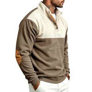 Detailed shot of men's color-block corduroy sweatshirt featuring elbow patches and stand collar