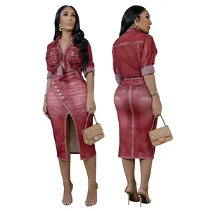Full length front and back view of elegant red faux denim print chiffon top and skirt set