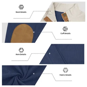 Detail view of men's corduroy sweatshirt showing neck, cuff, hem, and fabric texture.