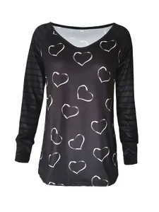 Detailed view of women's V-neck T-shirt with heart print and striped long sleeves