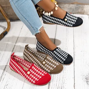 Mocasines De Pata De Gallo Para Mujer Punta Redonda Planos Lona Respirables Zapatos Deslizantes Con Perla Artificial Casual