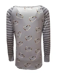 Plus size women long sleeve T-shirt with heart print and striped raglan sleeves.