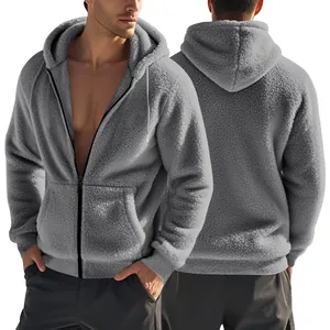 Warme Fleece-Kapuzenjacke für Herren in Grau, Vorder- und Rückansicht gezeigt.