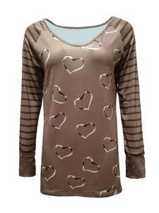 Stylish women's brown long sleeve T-shirt with heart print and striped sleeves