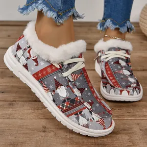 Chaussures en Coton pour Femmes avec Imprimé de Gnome de Noël Fausse Fourrure Mocassins Chauds d'Hiver Doublés de Peluche