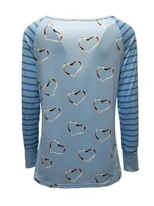 Detailed back view of a blue heart print long sleeve T-shirt with striped sleeves