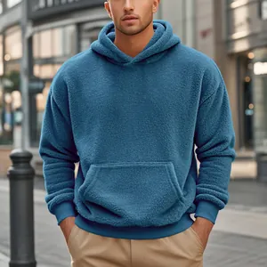 Ανδρικό μπλε φούτερ με κουκούλα sherpa fleece σε φαρδιά γραμμή για χειμερινό στυλ