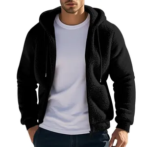 Vista dettagliata della felpa con cappuccio spessa in pile sherpa nero da uomo con cerniera