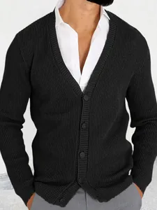 Men's slim fit black V-neck knitted cardigan with long sleeves and button closure