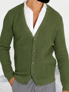 Men's slim fit V-neck knitted cardigan sweater in olive green with long sleeves