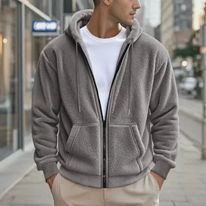 Sweat-shirt à capuche zippé en polaire grise pour homme, chaud et décontracté