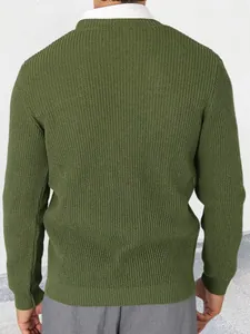 Back view of a men's green long sleeve ribbed knit sweater featuring a slim fit design