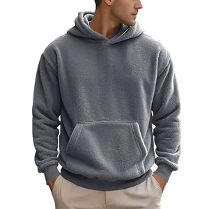 Herren Kapuzenpullover aus grauem Fleece, lässige lockere Passform, warmer Winterpulli