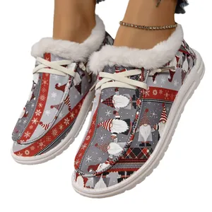 Chaussures de Noël pour femmes imprimé gnomes avec doublure en fausse fourrure blanche
